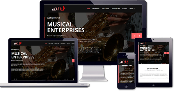 Customised responsive WordPress website created for Justin Foster Musical Enterprises